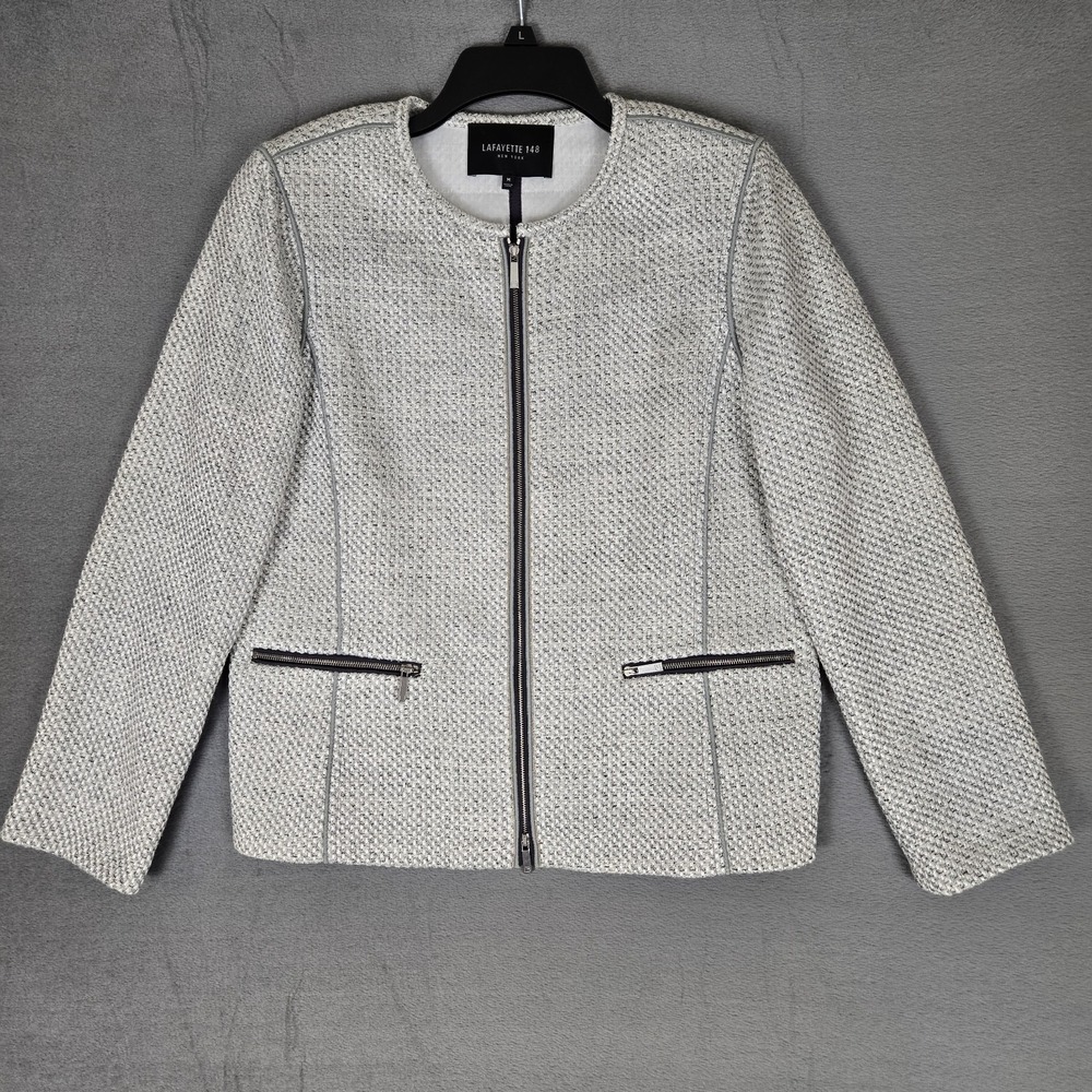 LAFAYETTE 148 Jacket Womens‎ Medium White Gray Silver Boucle Zip Front Blazer